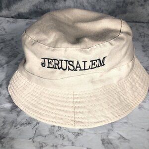 Jerusalem Embroidered Beige Bucket Hat With Back Zip & Inner Pocket